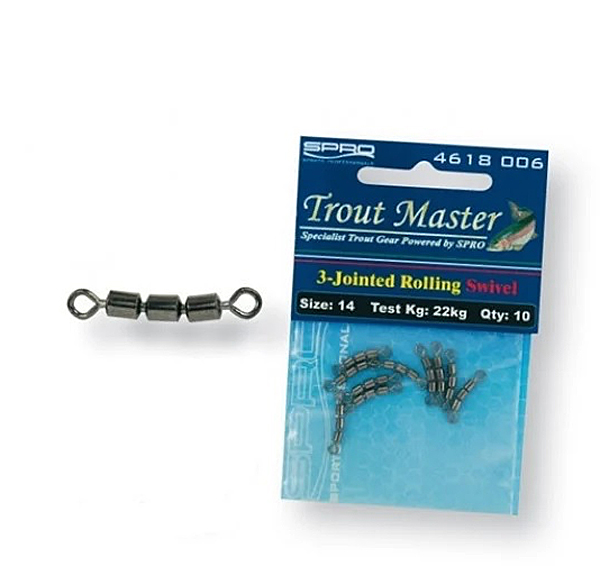 Caja para Trucha, llena de artículos para la pesca de trucha - Spro Trout Master 3-Jointed Rolling Swivel Size 22 4kg (10pcs)