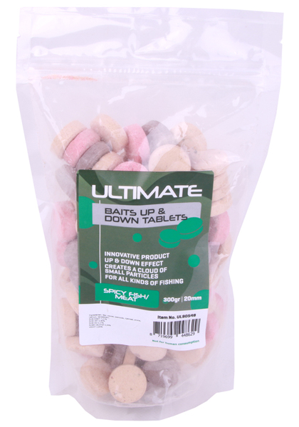 Ultimate Baits Up & Down Tablets 20mm, libera fragancias, colores y sabores bajo el agua - Spicy Fish/Meat 20mm