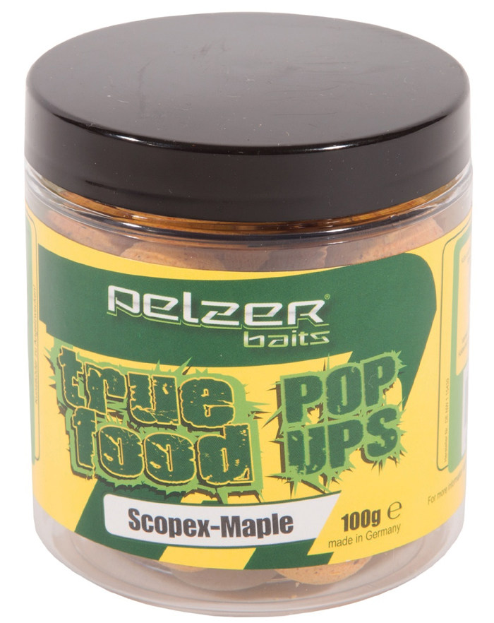 Carp Tacklebox, llena de artículos de pesca de las mejores marcas. - Pelzer True Food Pop Ups 20mm, 100g Scopex-Maple