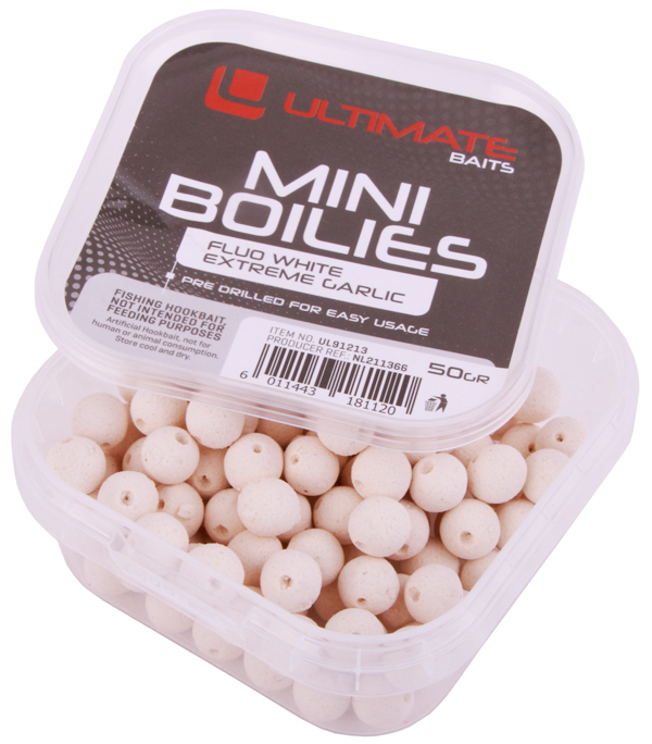 Ultimate Caja de Aparejos de Pez Blanco - Ultimate Baits Preperforados - Mini Boilies Fluo White Garlic