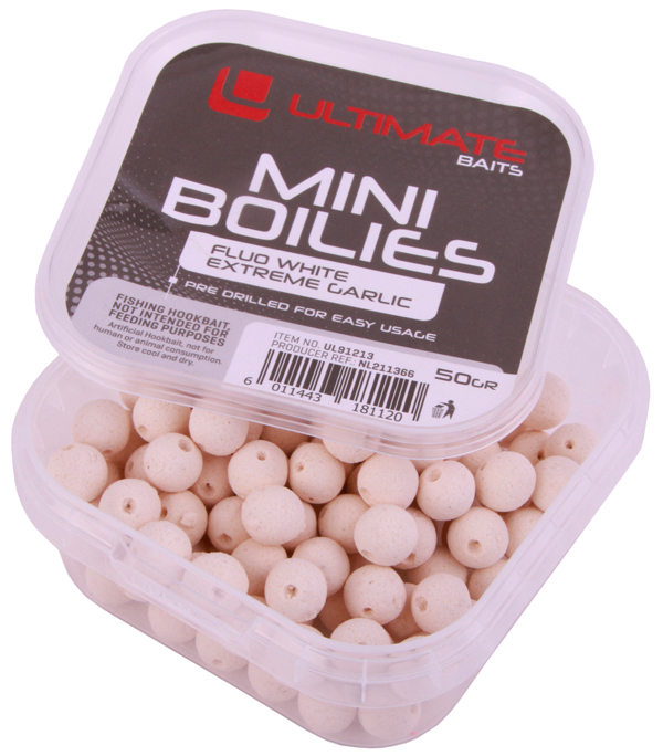 Ultimate Coarse Box, ¡Llena de material para el pescador de pez blanco! - Ultimate Baits mini boilies, Fluo White Extreme Garlic