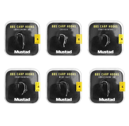 Mustad BBS 30 Carp Hooks Barbless Pack Anzuelos para Carpa (6 paquetes + Multi Box)