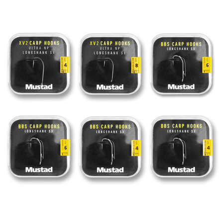 Mustad Long Shank 40 Carp Hooks Pack Anzuelos para Carpa (6 paquetes + Multi Box)