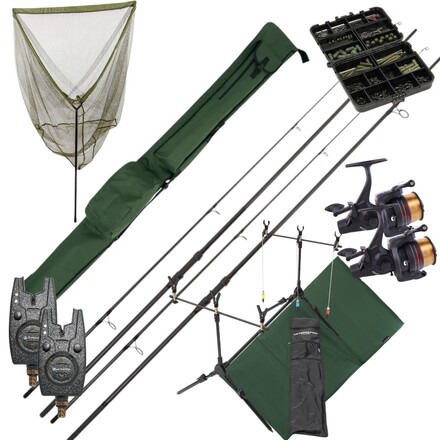 Complete NGT Karper Set con cañas, carretes de carrera libre, rodpod, alarmas de mordida y end-tackle